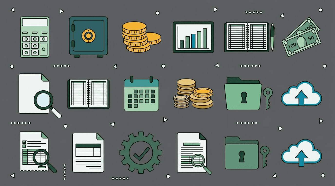 Financial icons on a gray background