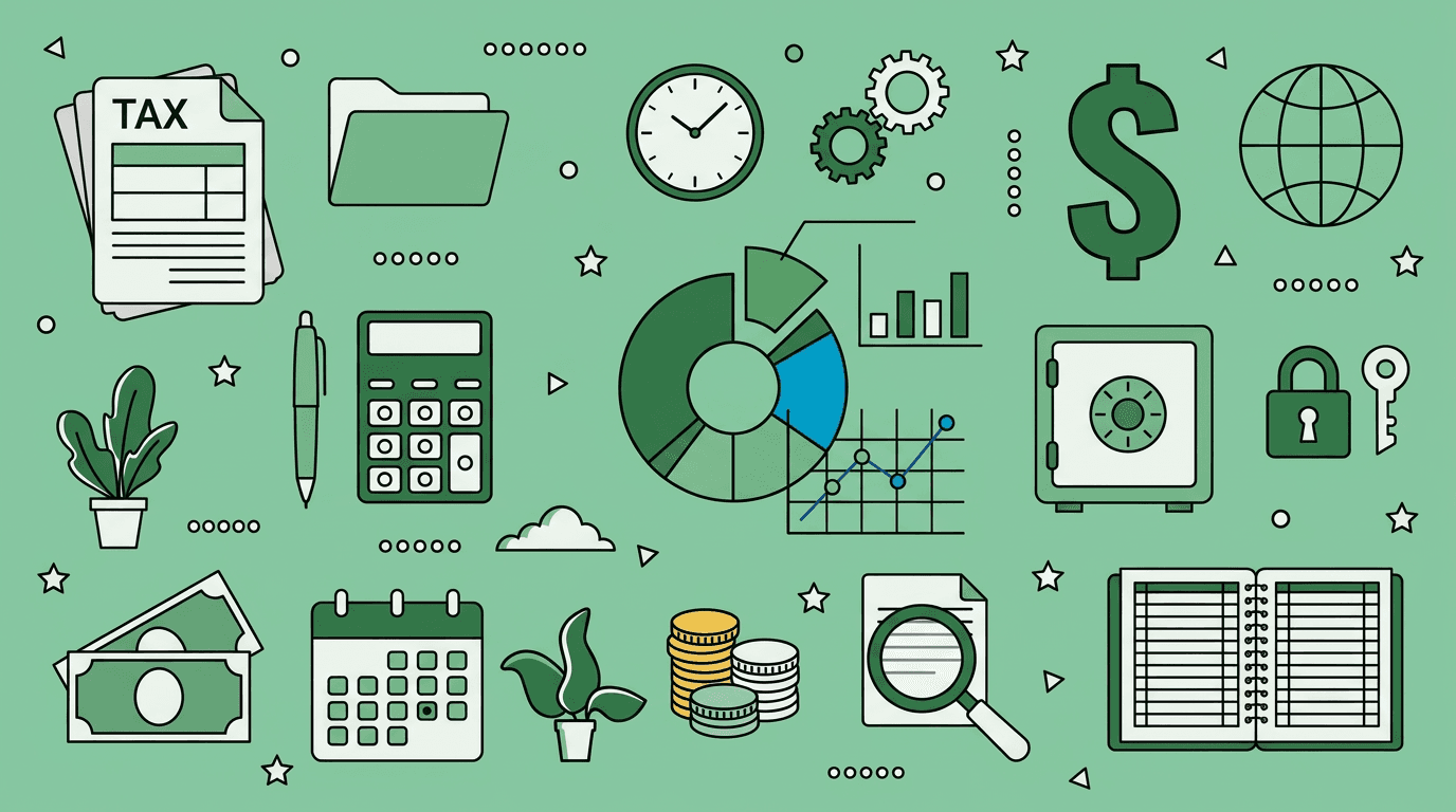 Financial icons on a mid-green background