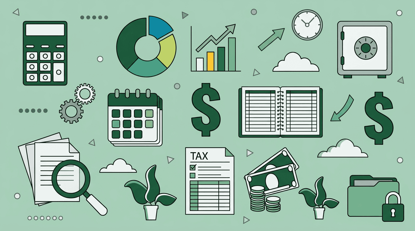 Financial icons on a light green background